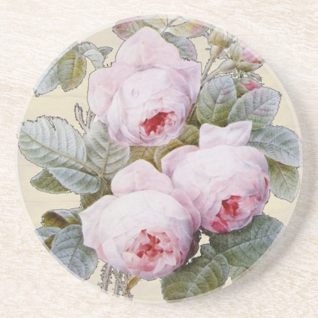 English Rose Garden Bourbon Pink Floral Sandstone Coaster (Front)