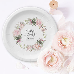 English Rose Garden Pink Floral Birthday Paper Plates
