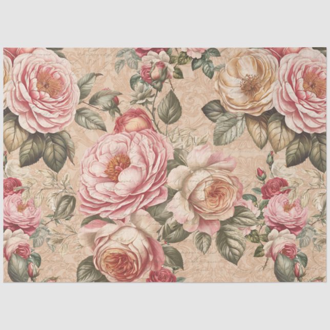 English Roses Tea Party Floral Beige Bridal Shower Tissue Paper (Front)
