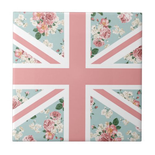 English Roses Union Jack Flag Ceramic Tile