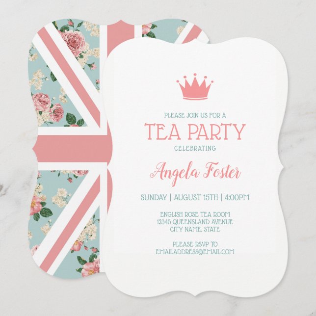 English Roses Union Jack Tea Party Invitation (Front/Back)
