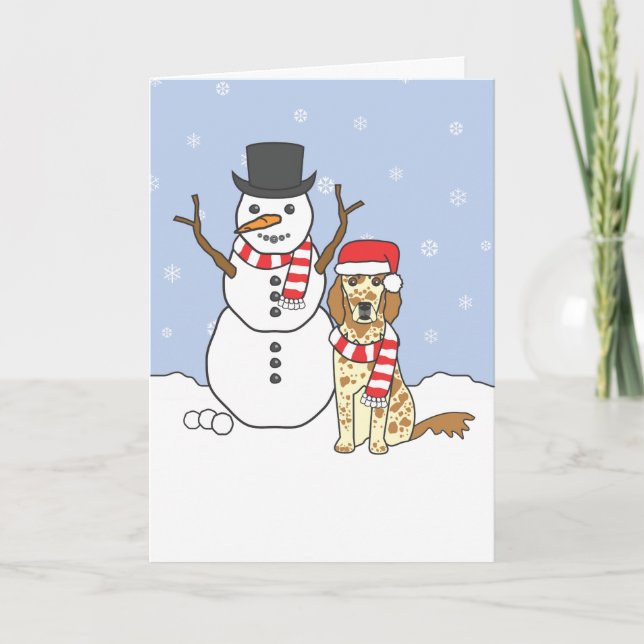 English Setter and Snowman Holiday Card (Front)