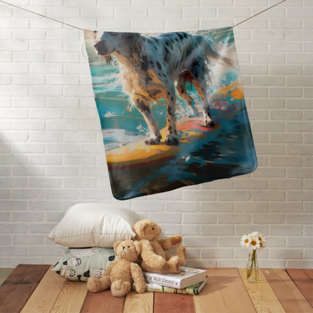English Setter Beach Surfing Painting Baby Blanket (In Situ)