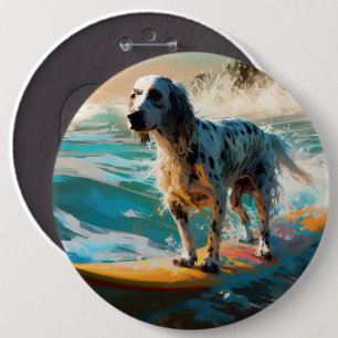 English Setter Beach Surfing Painting Button