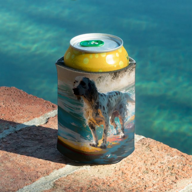 English Setter Beach Surfing Painting Can Cooler (In Situ Pool)