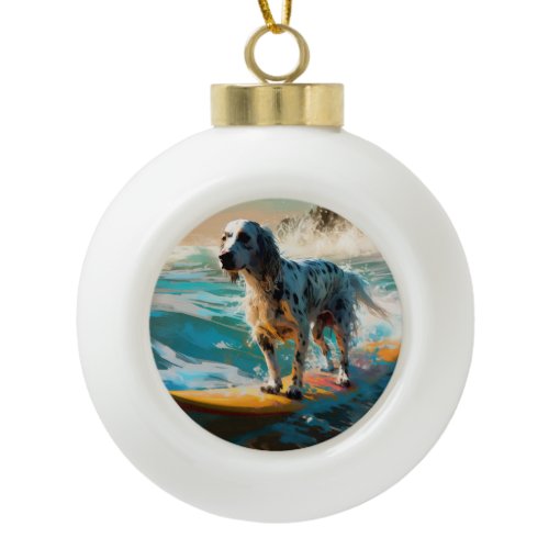 English Setter Beach Surfing Painting Ceramic Ball Christmas Ornament
