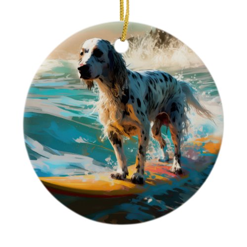 English Setter Beach Surfing Painting Ceramic Ornament