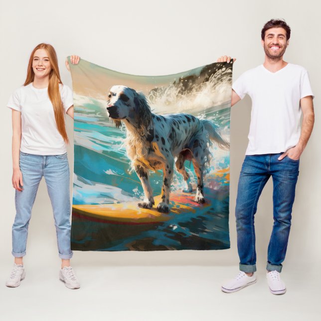 English Setter Beach Surfing Painting Fleece Blanket (In Situ)