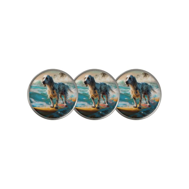 English Setter Beach Surfing Painting Golf Ball Marker (3 Up)