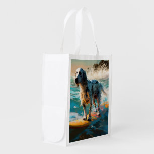 English Setter Beach Surfing Painting Grocery Bag