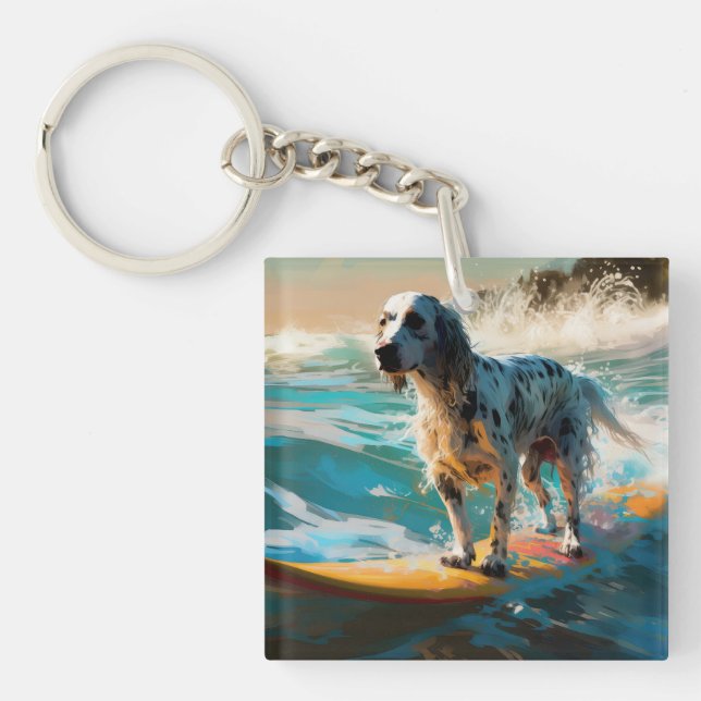 English Setter Beach Surfing Painting Keychain (Front)