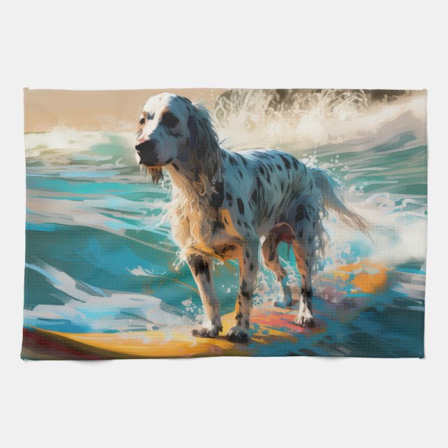 English Setter Beach Surfing Painting Kitchen Towel (Horizontal)