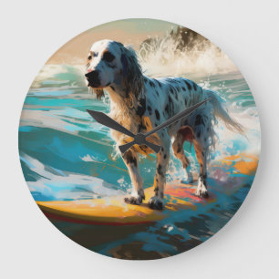 English Setter Beach Surfing Painting Large Clock