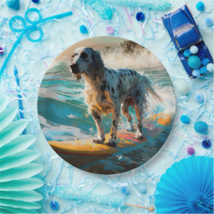English Setter Beach Surfing Painting Paper Plates