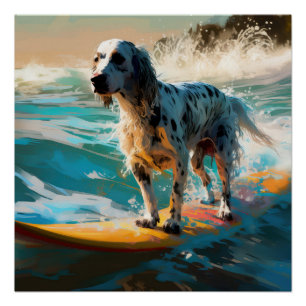 English Setter Beach Surfing Painting Poster