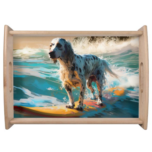 English Setter Beach Surfing Painting Serving Tray (Front)