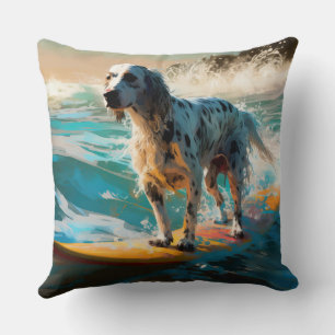 English Setter Beach Surfing Painting Throw Pillow