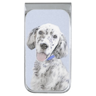 English Setter Blue Belton Painting Dog Art Silver Finish Money Clip
