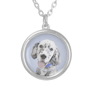 English Setter Blue Belton Painting Dog Art Silver Plated Necklace