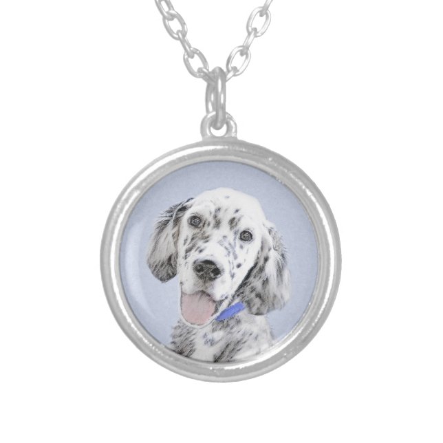 English Setter Blue Belton Painting Dog Art Silver Plated Necklace (Front)