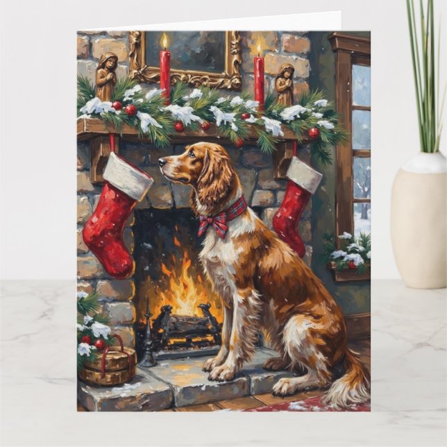 English Setter Christmas Fireplace Stocking Card (Front)