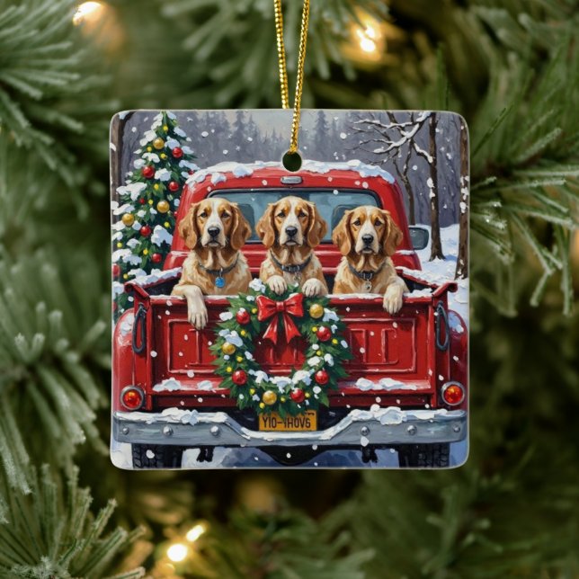 English Setter Christmas Red Truck Holiday Ceramic Ornament (Tree)