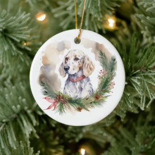 English Setter Christmas Wreath Festive Pup Ceramic Ornament