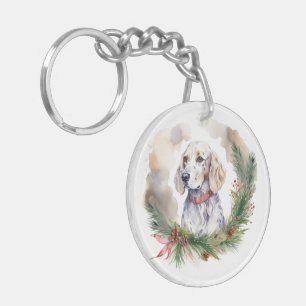 English Setter Christmas Wreath Festive Pup Keychain