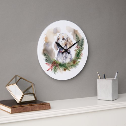 English Setter Christmas Wreath Festive Pup Large Clock