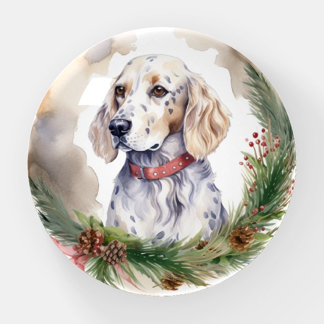 English Setter Christmas Wreath Festive Pup Paperweight (Front)
