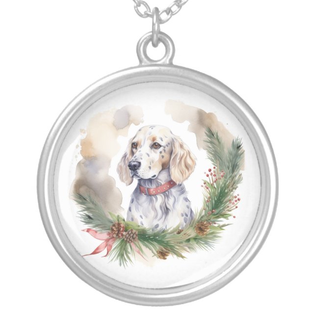 English Setter Christmas Wreath Festive Pup Silver Plated Necklace (Front)