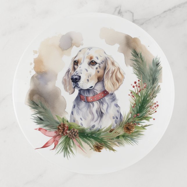 English Setter Christmas Wreath Festive Pup Trinket Tray (Front)