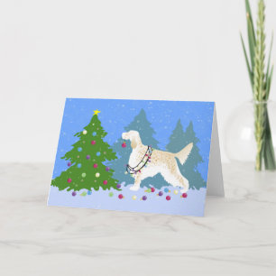 English Setter Decorating Tree in the Forest Holiday Card