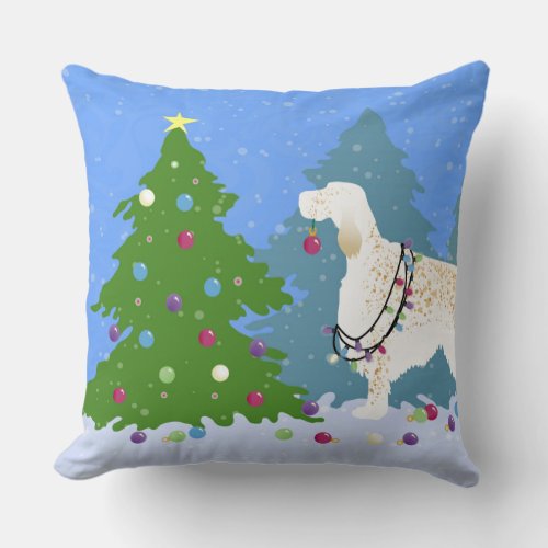 English Setter Decorating Tree in the Forest Throw Pillow