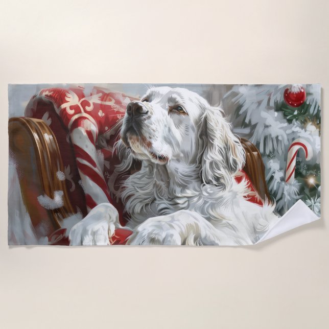 English Setter Dog Christmas Festive Beach Towel (Front)
