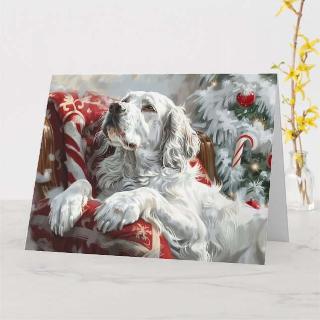 English Setter Dog Christmas Festive Card (Yellow Flower)