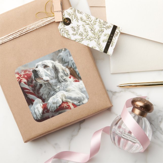 English Setter Dog Christmas Festive Square Sticker (Gifting)