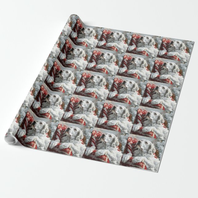 English Setter Dog Christmas Festive Wrapping Paper (Unrolled)
