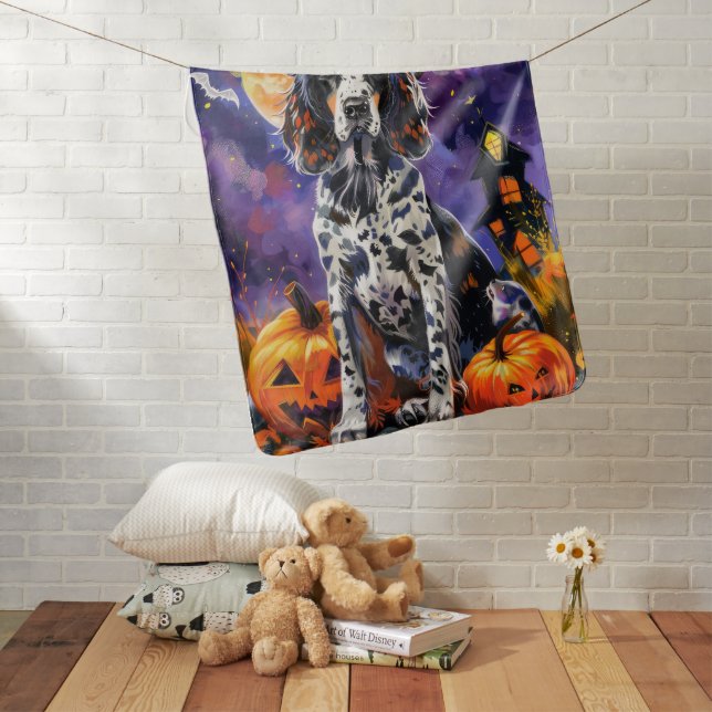 English Setter Dog Halloween Witch And Pumpkin Baby Blanket (In Situ)