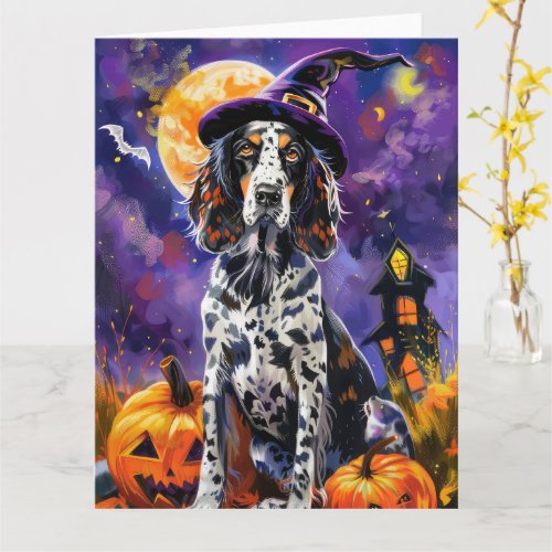 English Setter Dog Halloween Witch And Pumpkin Card