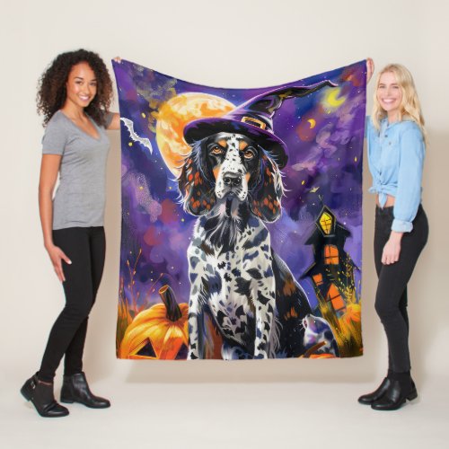 English Setter Dog Halloween Witch And Pumpkin Fleece Blanket