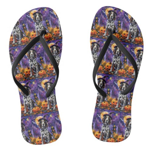 English Setter Dog Halloween Witch And Pumpkin Flip Flops