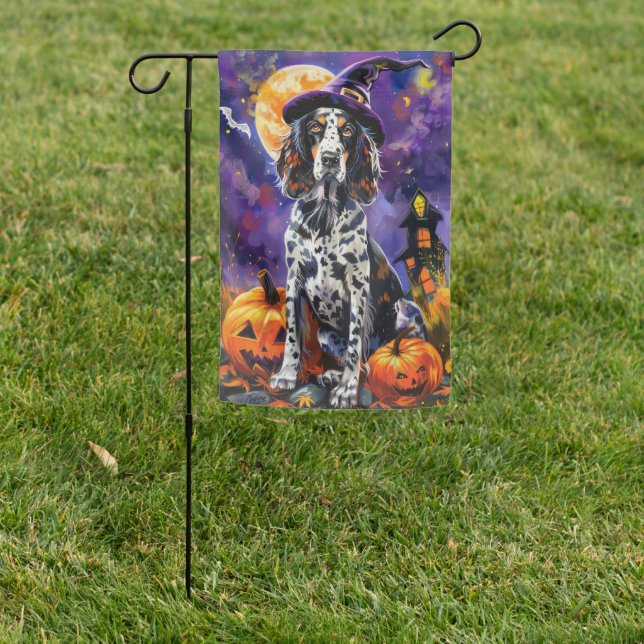 English Setter Dog Halloween Witch And Pumpkin Garden Flag (In SItu)