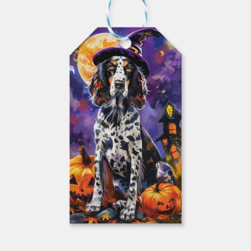 English Setter Dog Halloween Witch And Pumpkin Gift Tags