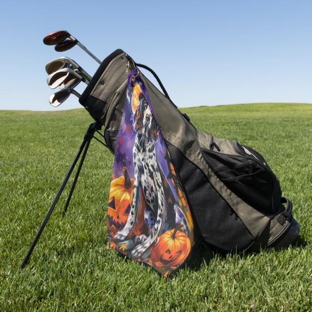 English Setter Dog Halloween Witch And Pumpkin Golf Towel (Green)