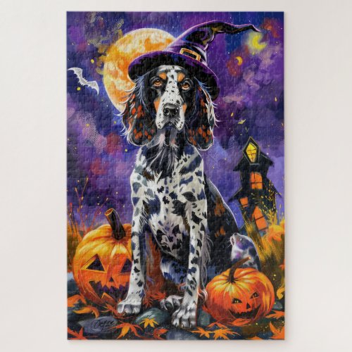 English Setter Dog Halloween Witch And Pumpkin Jigsaw Puzzle