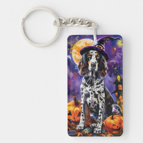 English Setter Dog Halloween Witch And Pumpkin Keychain