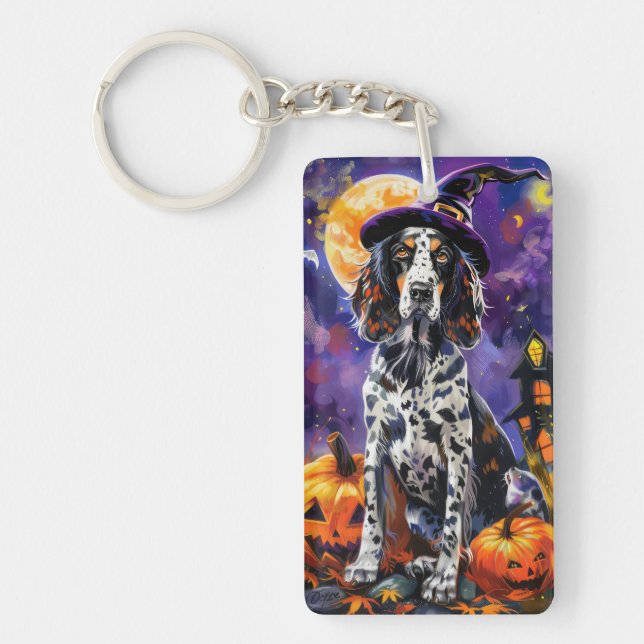English Setter Dog Halloween Witch And Pumpkin Keychain (Front)