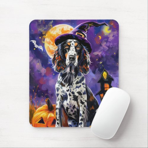 English Setter Dog Halloween Witch And Pumpkin Mouse Pad