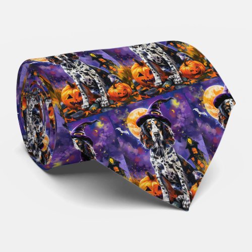 English Setter Dog Halloween Witch And Pumpkin Neck Tie